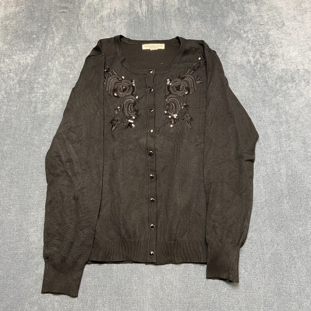 Vintage Melrose Chic Cardigan Sweater Womens M Black Ribbed Hem Floral